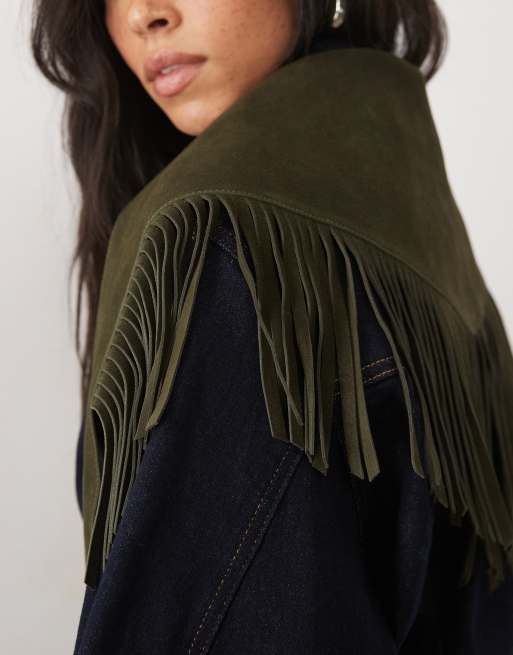 ASOS DESIGN suede fringe scarf in khaki green, 2 of 3