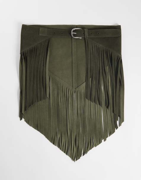 ASOS DESIGN suede fringed belt in khaki green - view 1