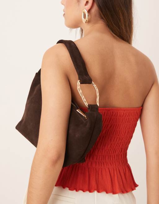 ASOS DESIGN suede grab shoulder bag with hardware detail in chocolate