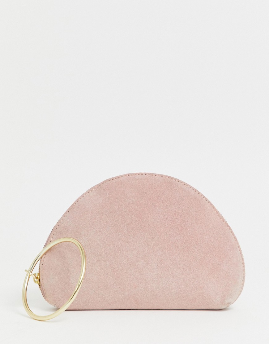 ASOS DESIGN SUEDE half moon clutch bag with wristlet ring detail-Pink