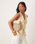 [ASOS DESIGN] ASOS DESIGN suede interchangeable cookie pouch clutch with gold hardware in stone-Neutral No Size Stone