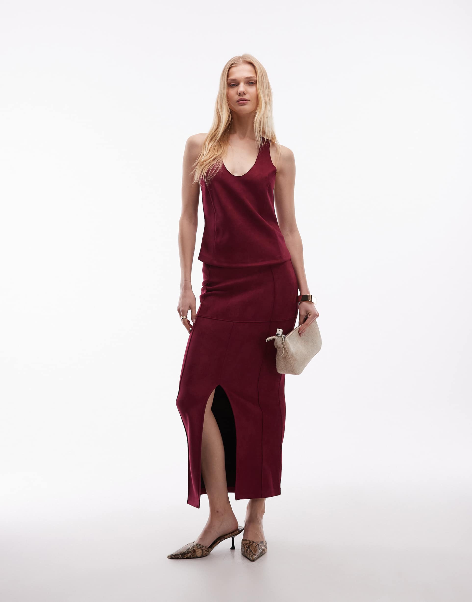asos design suede maxi skirt with front slit in burgundy - part of a set