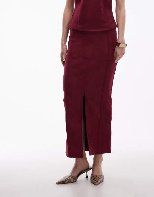 ASOS DESIGN suede maxi skirt with front slit in burgundy - part of a set, 2 of 5