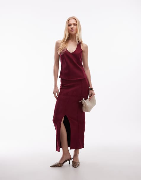 ASOS DESIGN suede maxi skirt with front split in burgundy (part of a set) - view 1