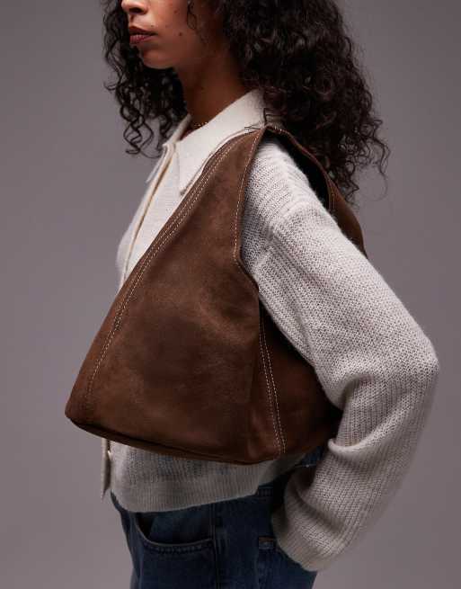 ASOS DESIGN suede mid size trapeze slouch shoulder bag in mocha  brown