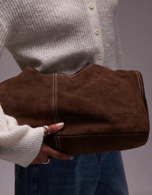 ASOS DESIGN suede mid size trapeze slouch shoulder bag in mocha  brown