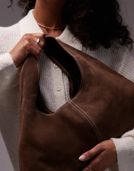 ASOS DESIGN suede mid size trapeze slouch shoulder bag in mocha  brown