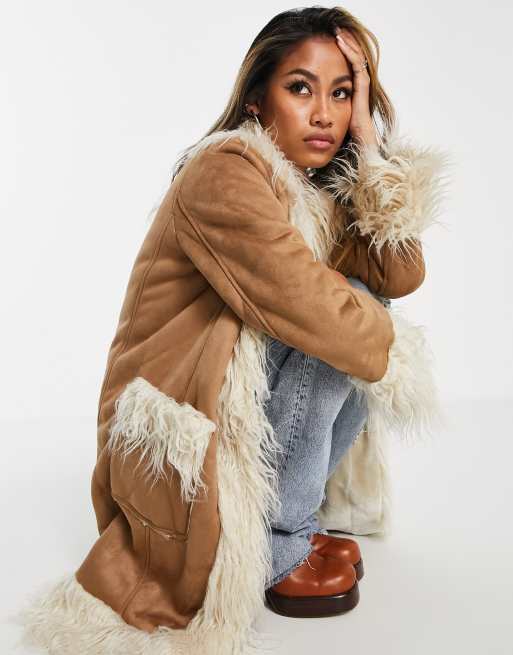 ASOS DESIGN suede midi coat with faux fur trim in tan