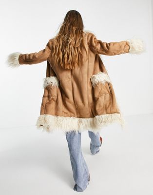 ASOS DESIGN suede midi coat with faux fur trim in tan
