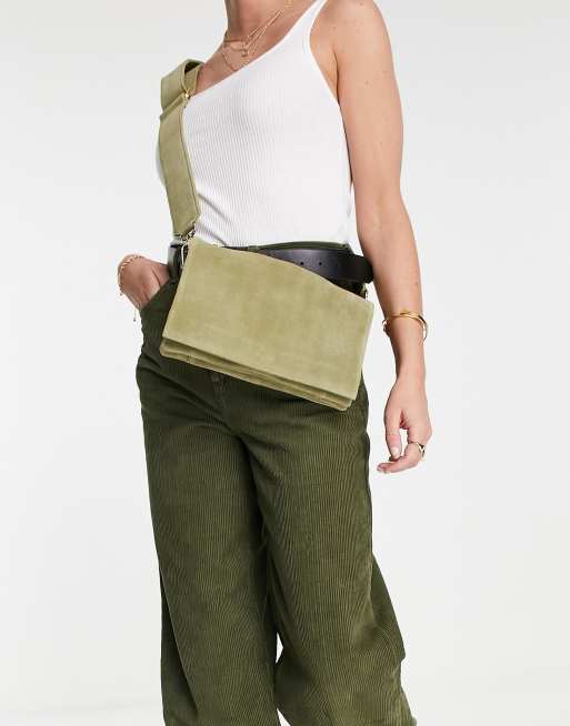 ASOS DESIGN suede multi gusset cross body bag with wide strap in khaki