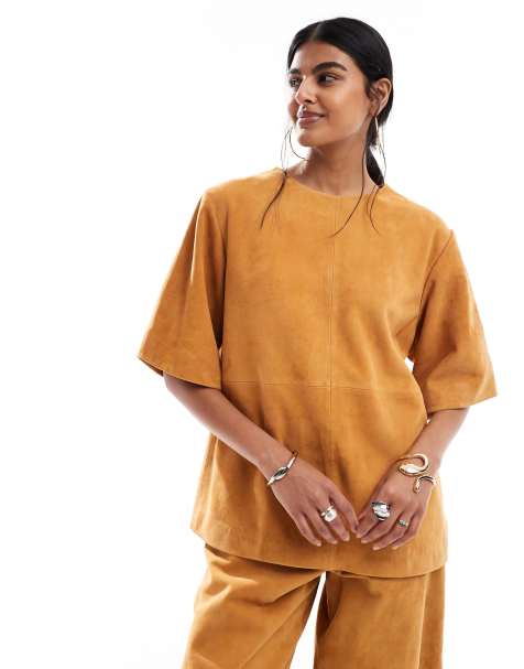 ASOS DESIGN suede oversized cocoon sleeve tee in ginger - part of a set - view 1