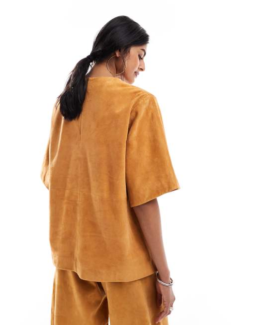 ASOS DESIGN suede oversized cocoon sleeve tee in ginger - part of a set, 4 of 4