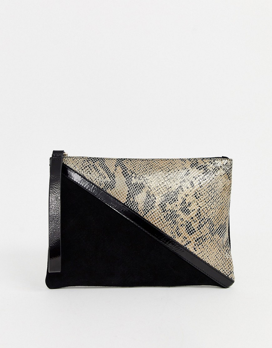 ASOS DESIGN SUEDE paneled clutch bag with snake detail-Multi