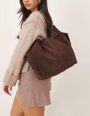 Asos Design Suede Pinched Handle Scoop Tote Bag In Brown