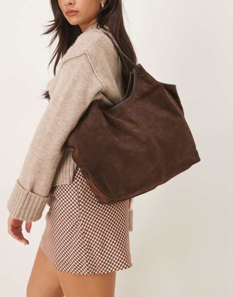 ASOS DESIGN suede pinched handle scoop tote bag in coffee brown - view 1
