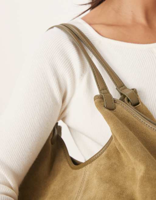 ASOS DESIGN suede pinched handle scoop tote bag in olive, 3 of 4