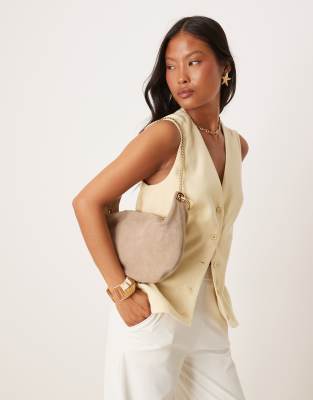 Asos Design Suede Pouch Clutch With Gold Hardware In Neutral
