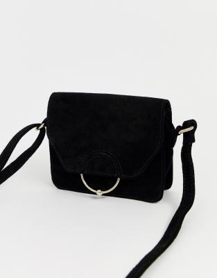 ASOS DESIGN SUEDE ring ball cross body bag-Black