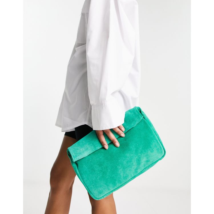 Green suede store clutch bag