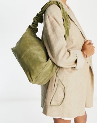 ASOS DESIGN suede ruched shoulder bag in khaki | ASOS