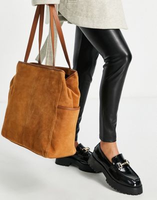 ASOS DESIGN suede shopper with leather trim detail in tan