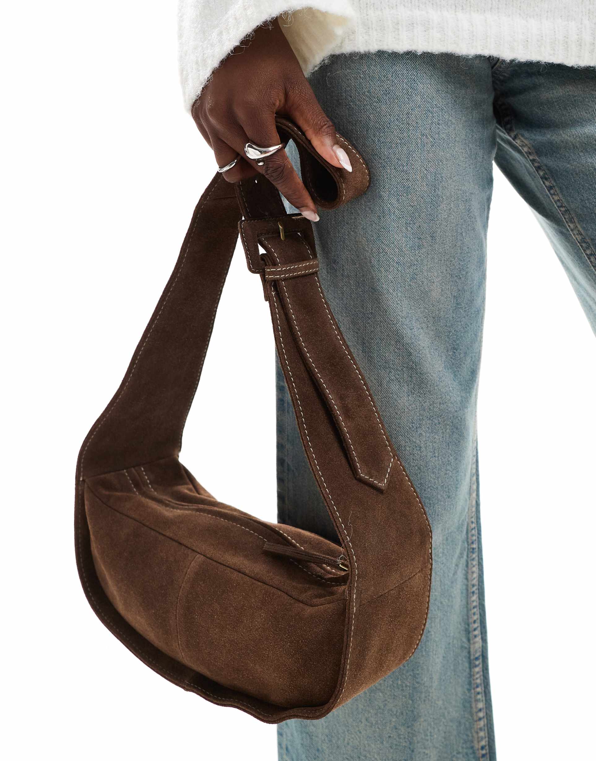 asos design suede sling crossbody bag in chocolate