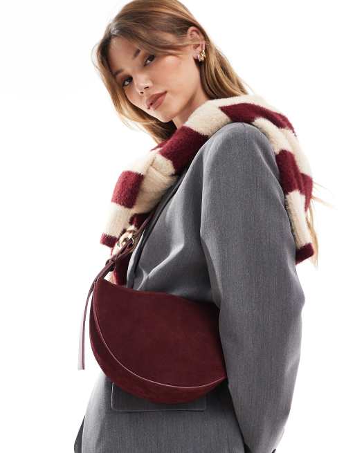 ASOS DESIGN suede sling crossbody bag with dome hardware detail in burgundy, 4 of 4
