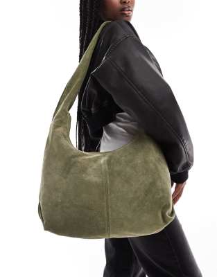 ASOS DESIGN suede sling tote bag in khaki-Green