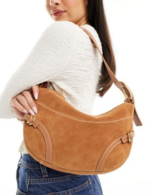 Asos Design Suede Slouch Double Strap And Buckle Shoulder Bag In Tan-brown
