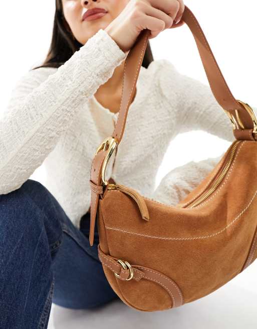 ASOS DESIGN suede slouch double strap and buckle shoulder bag in tan ASOS