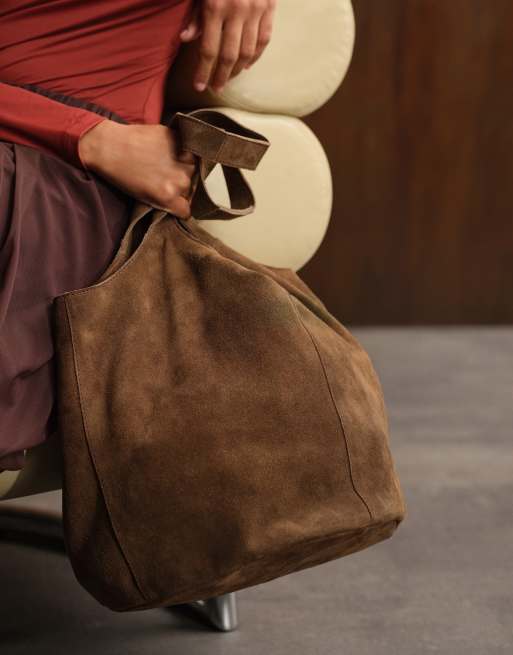ASOS DESIGN suede slouch tote bag in light chocolate