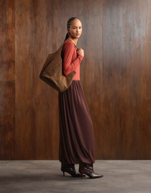 ASOS DESIGN suede slouch tote bag in light chocolate
