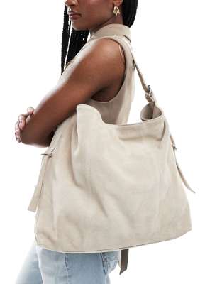 Asos Design Suede Slouch Tote In Stone-neutral