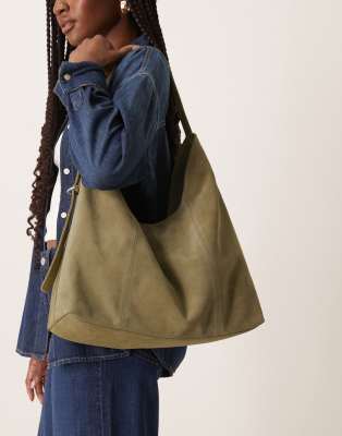 Asos Design Suede Slouchy Buckle Tote Bag In Green