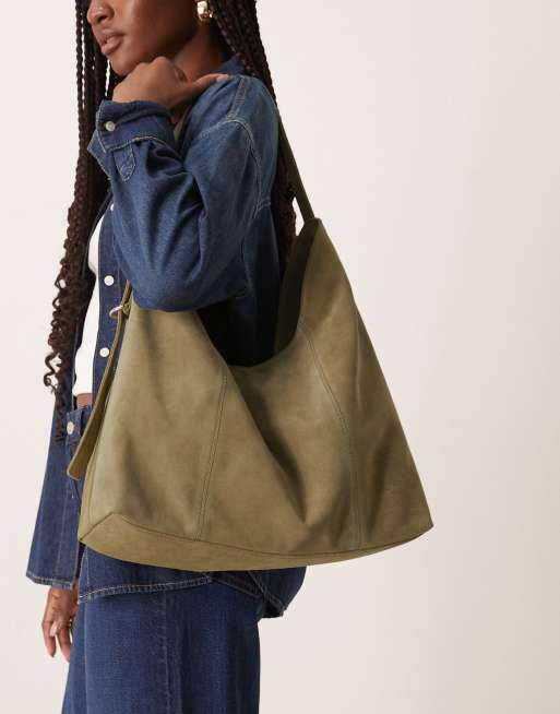 ASOS DESIGN suede slouch buckle tote bag in khaki