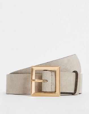 ASOS DESIGN suede square buckle waist and hip belt  in stone