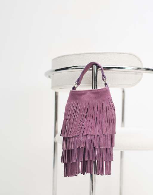 ASOS DESIGN suede tassel bucket bag in lilac with detachable crossbody strap, 4 of 8