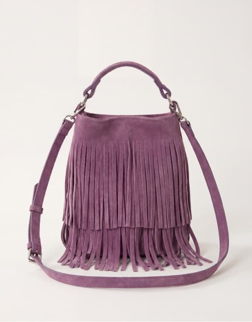 ASOS DESIGN suede tassel bucket bag in lilac with detachable crossbody strap, 5 of 8