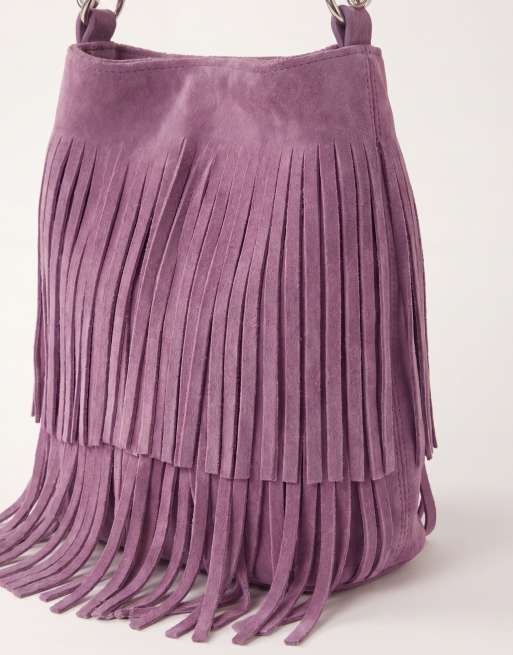 ASOS DESIGN suede tassel bucket bag in lilac with detachable crossbody strap, 8 of 8