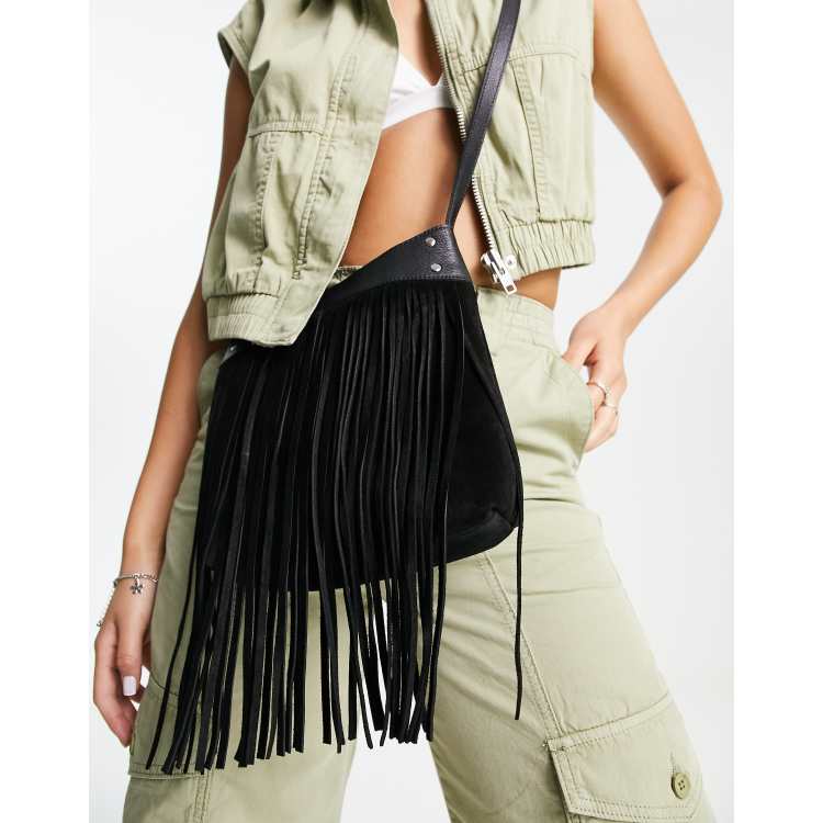 8 Other Reasons suede fringe crossbody festival bag in black