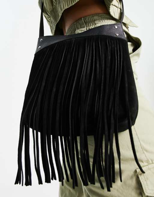 8 Other Reasons suede fringe crossbody festival bag in black