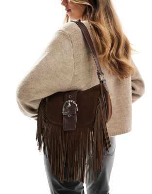 suede tassel shoulder bag with buckle detail in chocolate-Brown