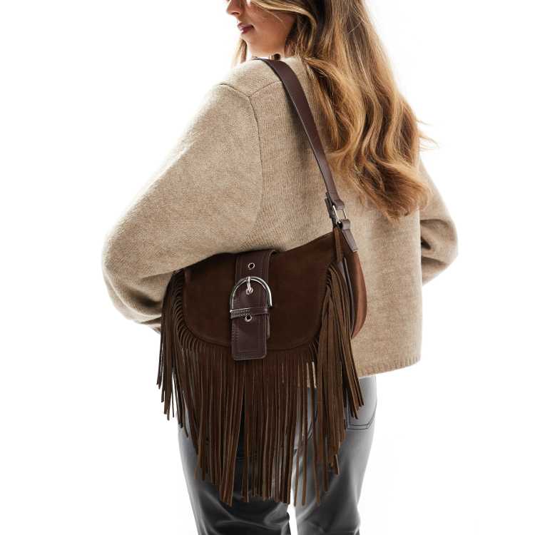 ASOS DESIGN suede tassel shoulder bag with buckle detail in chocolate ASOS