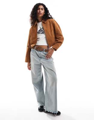【BAON】Detone suede cropped collar jacket Cropped Suede Jacket Women, Brown Trucker Suede Jacket for