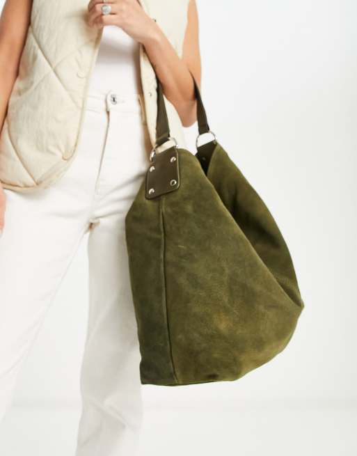 ASOS DESIGN suede tote bag with buckle in khaki green