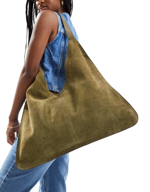 ASOS DESIGN suede tote bag with outside seam in khaki