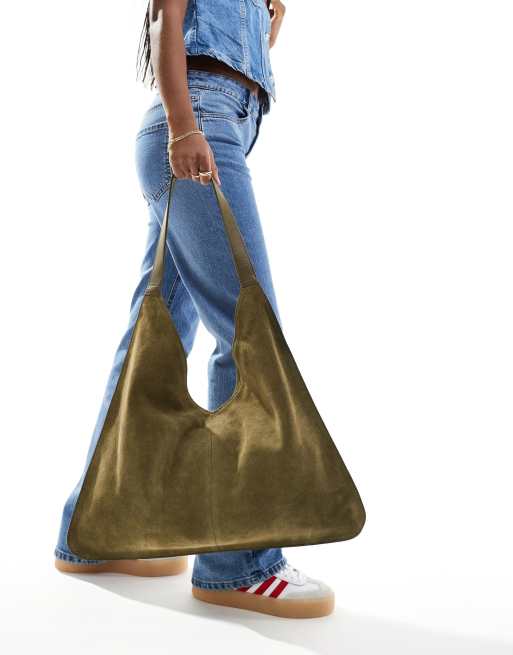 ASOS DESIGN suede tote bag with outside seam in khaki