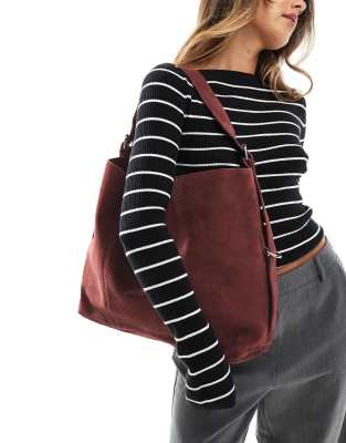 suede tote bag with buckle detail in burgundy-Red