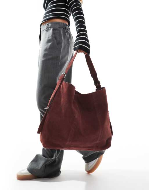 ASOS DESIGN suede tote bag with buckle detail in burgundy