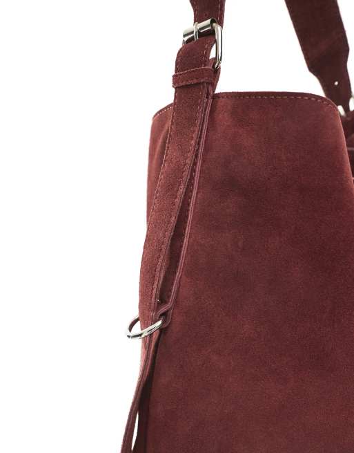 ASOS DESIGN suede tote bag with buckle detail in burgundy
